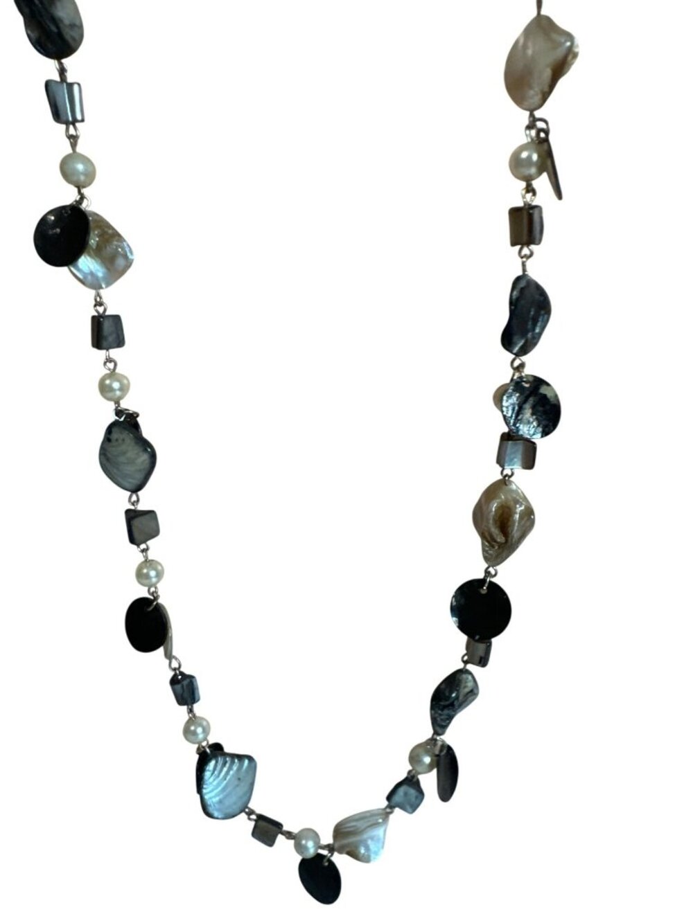 Mother-Of-Pearl & Black Shell Beaded Necklace Faux Pearls Silver-Tone Elegant